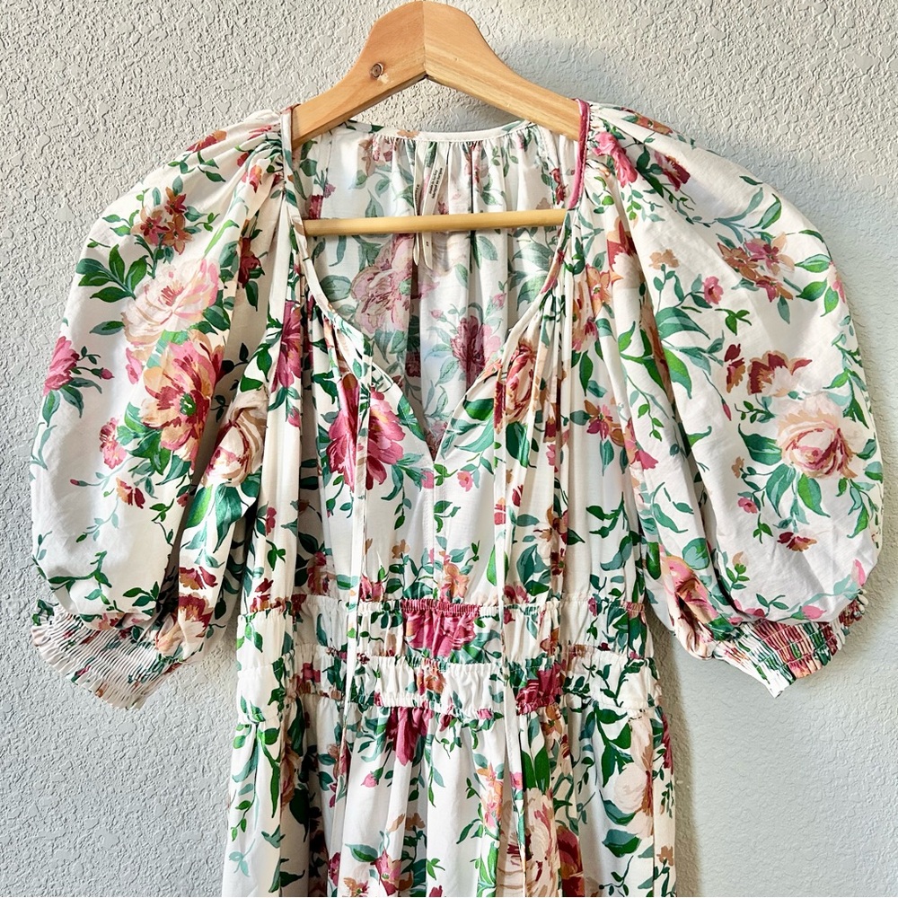 Anthropologie Somerset Puff Sleeve Dress Size XS Pink Rose Floral Maxi Tiered - Picture 2 of 7